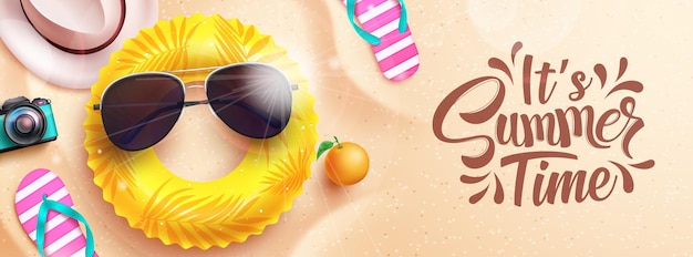 Summer time vector design. It's summer time text with beach element in sand background.