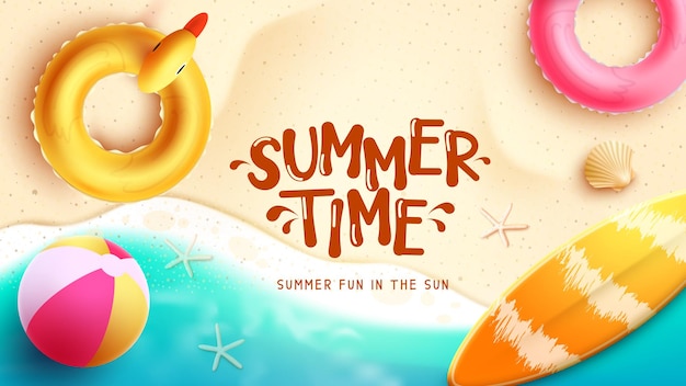 Summer time vector design. Summer time text in sea background with beach element.