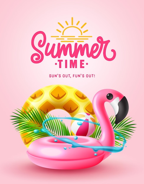 Summer time vector poster design. Summer time text with flamingo and pineapple floaters beach