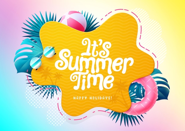 Summer time vector template design its summer time text in abstract foliage space with tropical