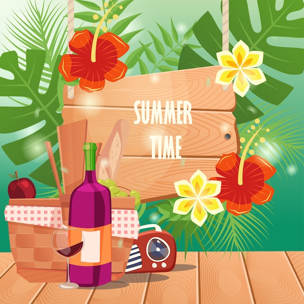 Vector summer time with picnic basket on wooden table