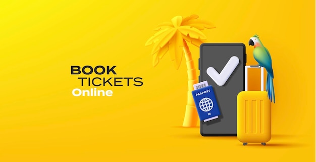 Summer travel 3d composition with yellow suitcase and palm with smartphone and passport with tropical bird yellow online booking poster