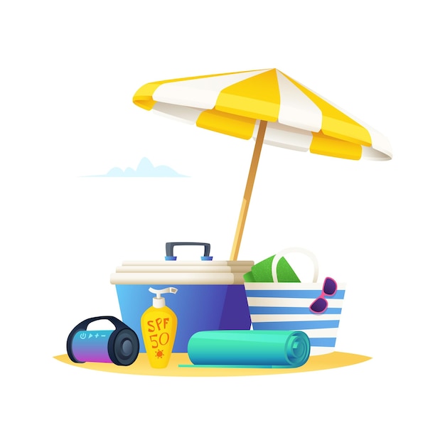 Summer travel beach accessories under an umbrella on the sand suntan oil rug music speaker fridge