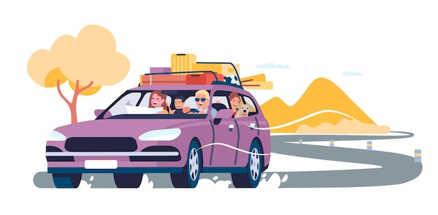 Summer travel by car Family auto vacation Road trip Holiday transport driving Baggage on vehicle roof Automobile tourism Adventure journey Parents with children Vector concept