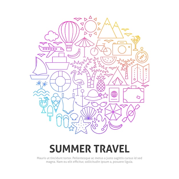 Summer travel circle concept. vector illustration of outline design.