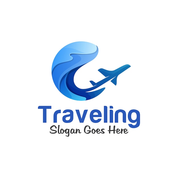 Vector summer travel gradient logo, ocean, sea, wave with plane logo concept