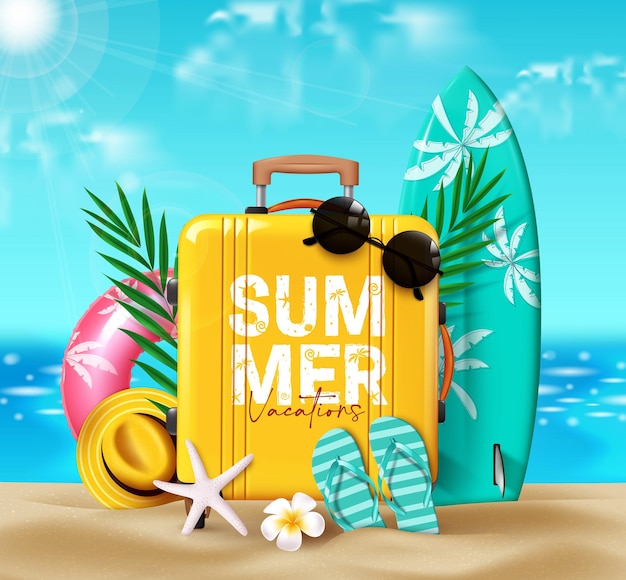 Vector summer travel luggage vector design summer vacation text in yellow suitcase with surfboard floater