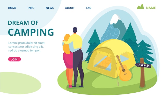 Summer travel at nature, camping dream  illustration. People  character dream about vacation trip. lifestyle . Couple in forest tourism, romantic adventure background.