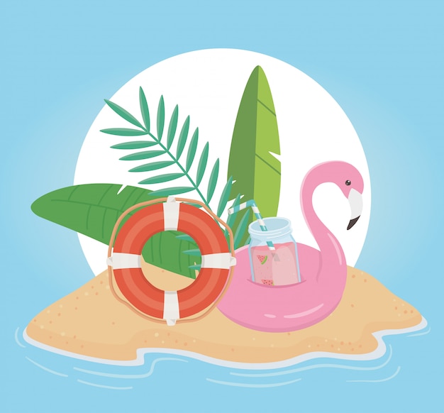 Summer travel and vacation float flamingo lifebuoy juice and tropical leaves