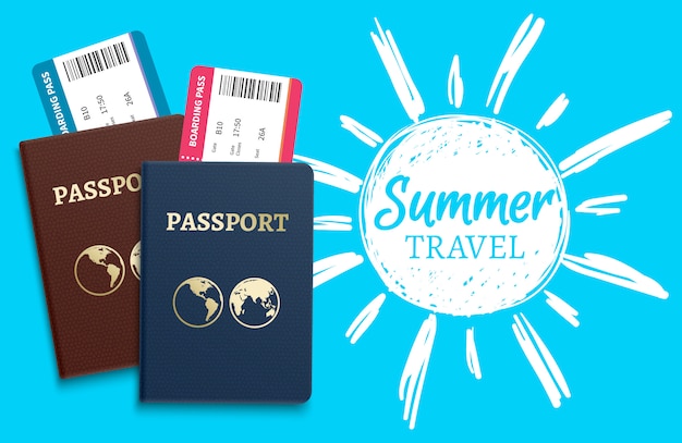 Летние путешествия вектор с эскизом солнце и реалистичные паспорта