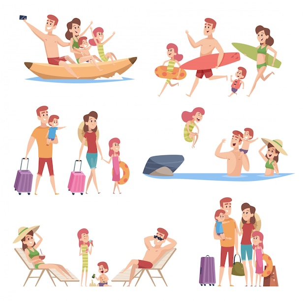 Vector summer travellers. happy love couple with childrens beach walking vacation trip outdoor adventure vector characters collection