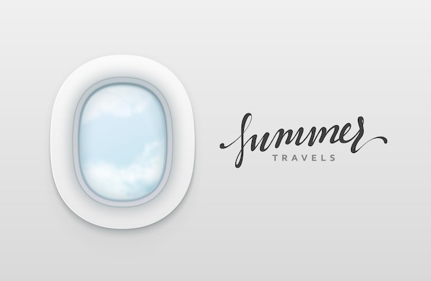 夏は旅行のバナーをデザインします。飛行機のリアルな舷窓。白い窓の航空機のベクター イラストです。