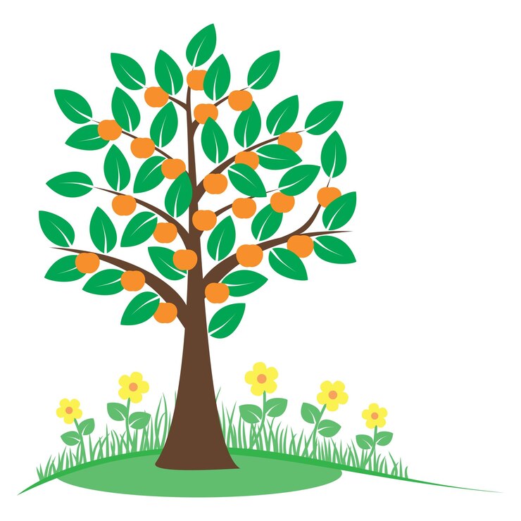 Vector summer tree with orange fruits stylized tree and flowers isolated on white background eps8 vector