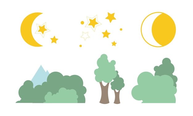 Summer trees moon and stars natural landscape elements vector Illustration isolated on a white background