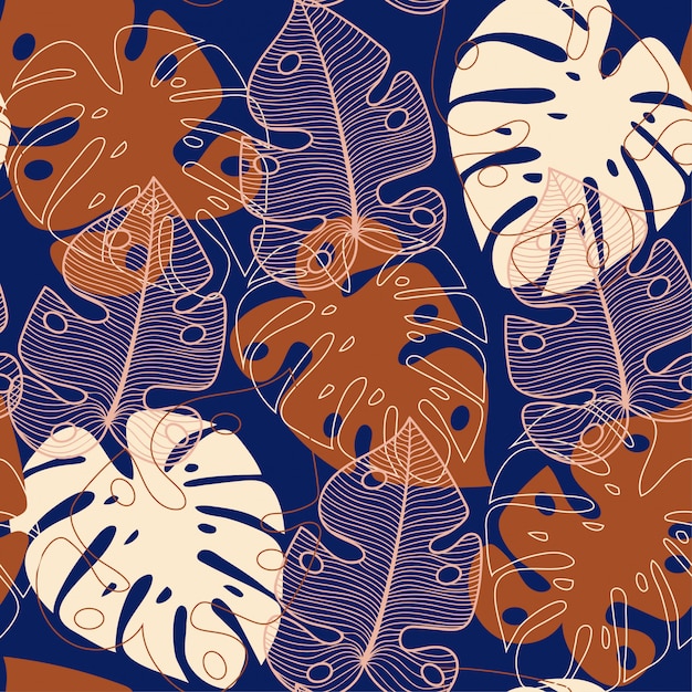 Summer trend abstract seamless pattern with tropical leaves