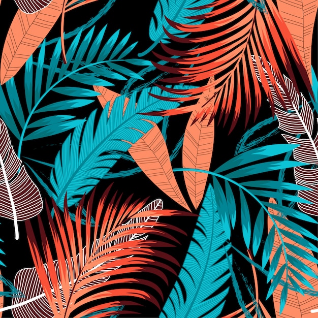 Summer trend seamless background with bright tropical leaves and plants