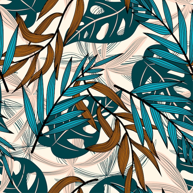 Summer trend seamless pattern with colorful tropical leaves and flowers