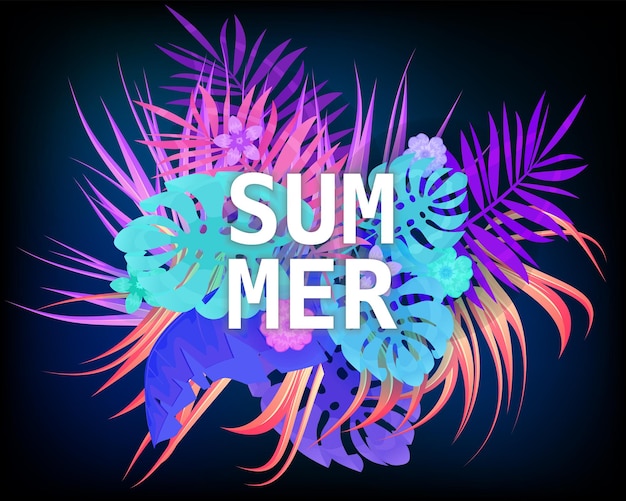 Summer trendy neon tropical leaves  plants palm jungle leaf Trending colors on dark background