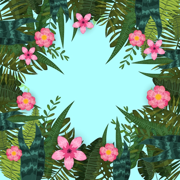 Summer trendy tropical leaves and flowers. design. background template of exotic plants and hibiscus flowers