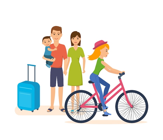 Vector summer trip family with child girl rides bike through city