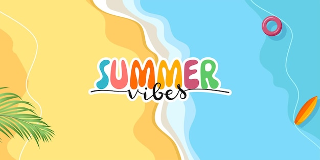 summer tropical background beach top view with palm leaves and calligraphy text simple illustration