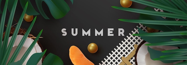 Summer tropical background. various fruit, green leaves, palm branches, realistic coconut open. rounded border frame for text flat lay, top view. horizontal banner, poster card, website header. vector