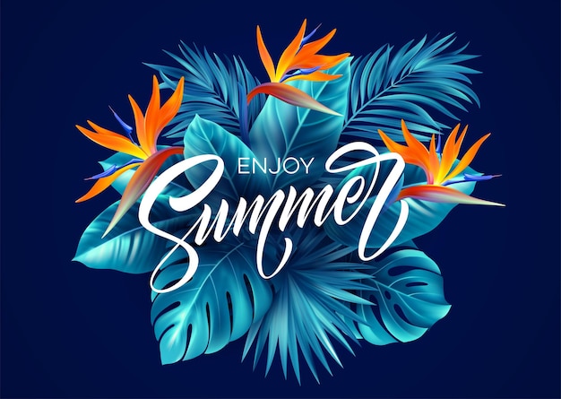 Vector summer tropical background with strelitzia flowers and tropical leaves