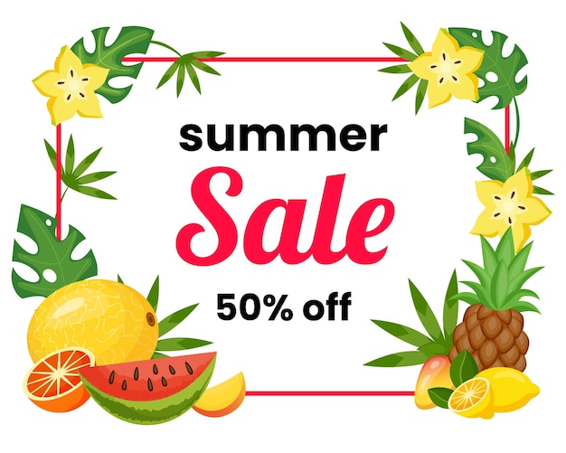 夏のトロピカル バナー ホット販売または新鮮な割引の背景 ホリデー マーケットのファッション夏特別オファー コンセプト エキゾチックな果物やヤシの葉のチラシ ベクトル イラスト ラベル