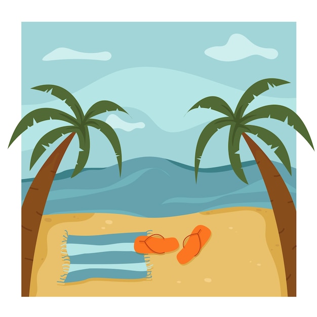 掛け布団とサンダルで夏の熱帯のビーチ