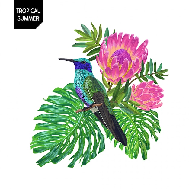 Vector summer tropical design with hummingbird and flowers