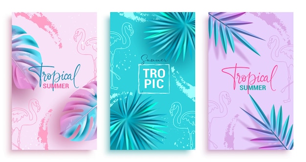 Vettore set di poster vettoriali di saluto tropicale estivo testo tropicale estimo con foglie di palma monstera