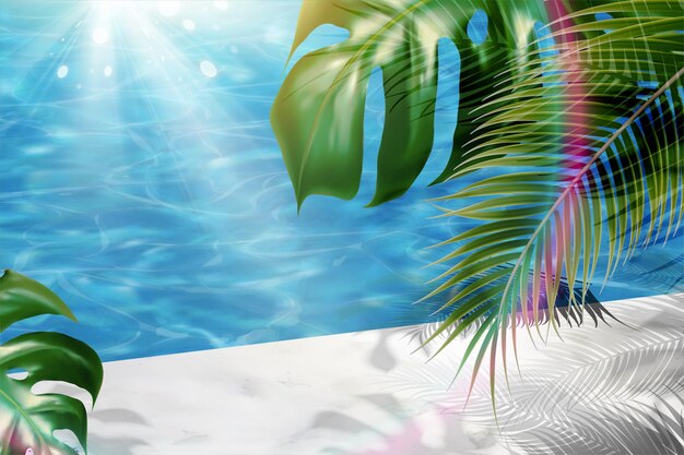 Summer tropical leaves and swimming pool background in 3d illustration