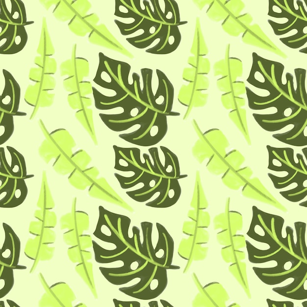summer tropical pattern with monstera and banana palm leaves painted in watercolor