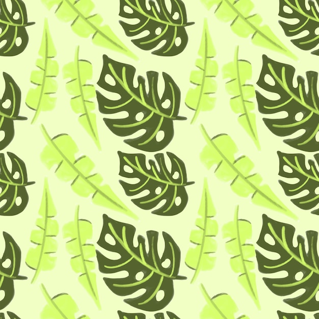 Summer tropical pattern with monstera and banana palm leaves painted in watercolor