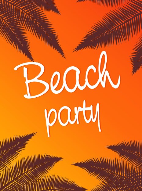 Вектор Летний тропический плакат с пальмовыми листьями на оранжевом фоне приглашение на пляжную вечеринку