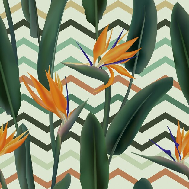 Vector summer tropical rainforest palm plants leaves flowers seamless print pattern vector