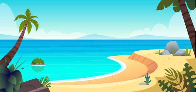 Вектор Летний тропический песчаный пляж песчаное морское побережье с пальмой и голубой спокойной морской водой