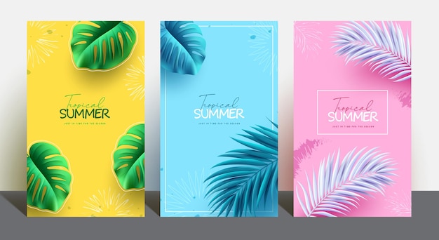 Summer tropical vector poster set Summer tropical text with monstera and palm leaves elements