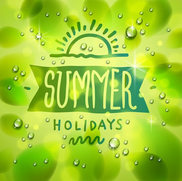 Vector summer type composition drawn on a window, fresh green leaves and water rain drops or condensate macro, vector 3d realistic transparent illustration, summertime nature beautiful art.