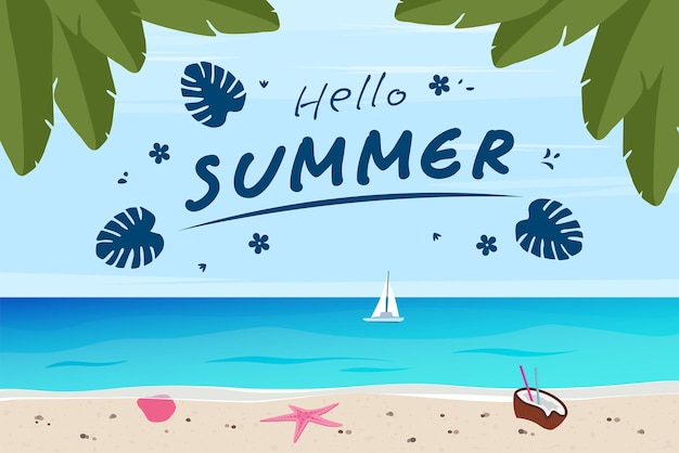 코코넛 불가사리와 조개 껍질이 있는 여름 휴가 배경 'hello Summer' 사인 해변