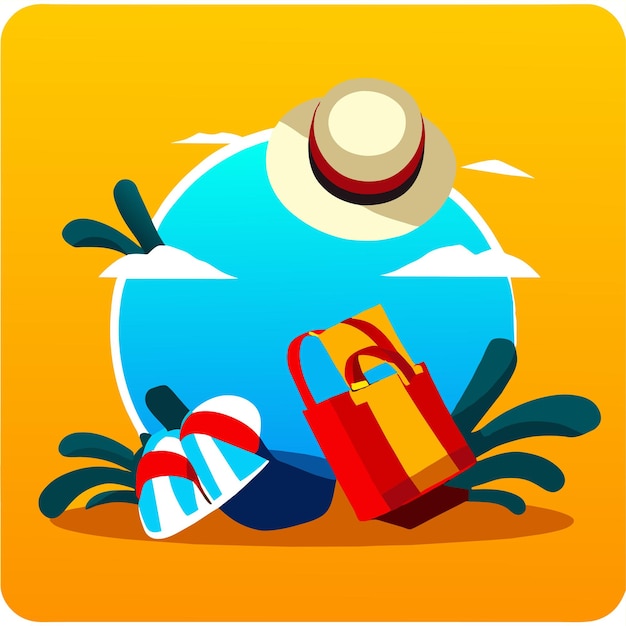 ベクトル 夏休みの背景はビーチバッグの帽子とフリップフロップで砂に現実的