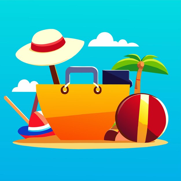 Vettore sfondi di vacanza estiva con cappello da borsa da spiaggia e pantofole sulla sabbia realistici
