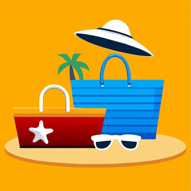 Summer vacation background with beach bag hat and flipflops on sand realistic