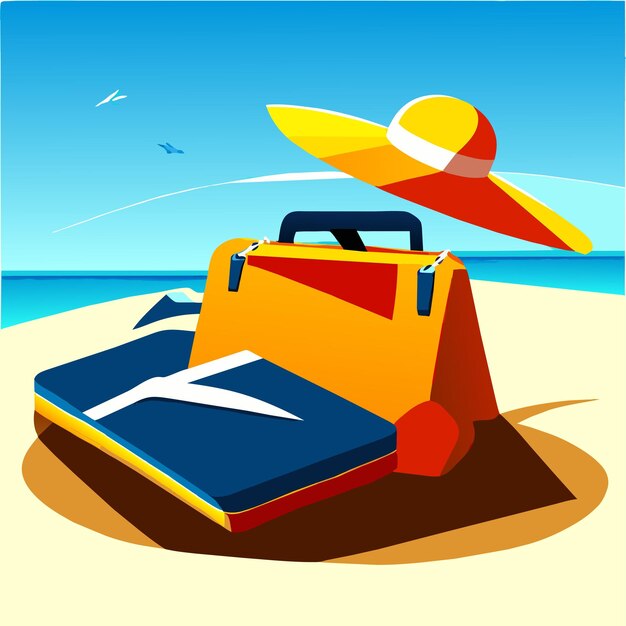 Vector summer vacation background with beach bag hat and flipflops on sand