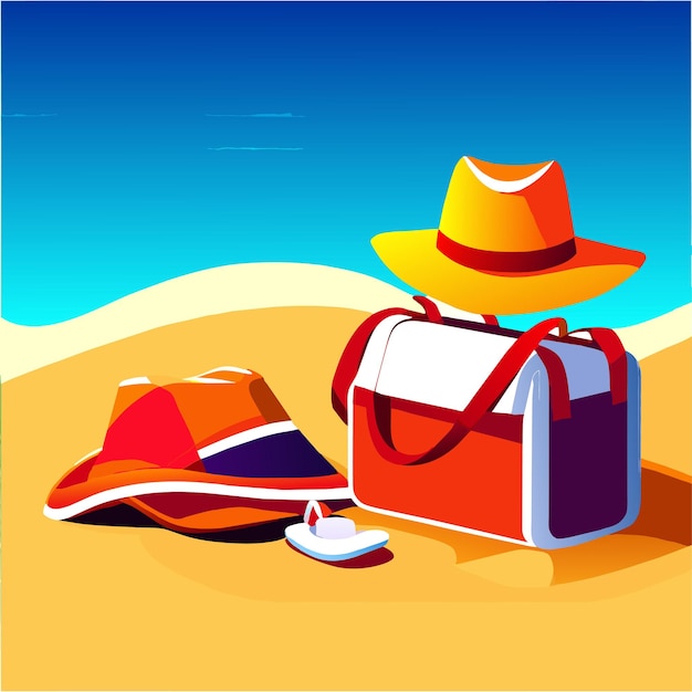 Vector summer vacation background with beach bag hat and flipflops on sand