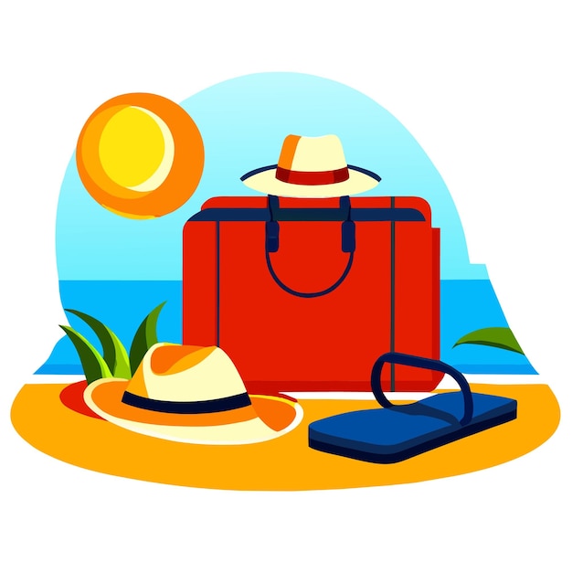 Summer vacation background with beach bag hat and flipflops on sand