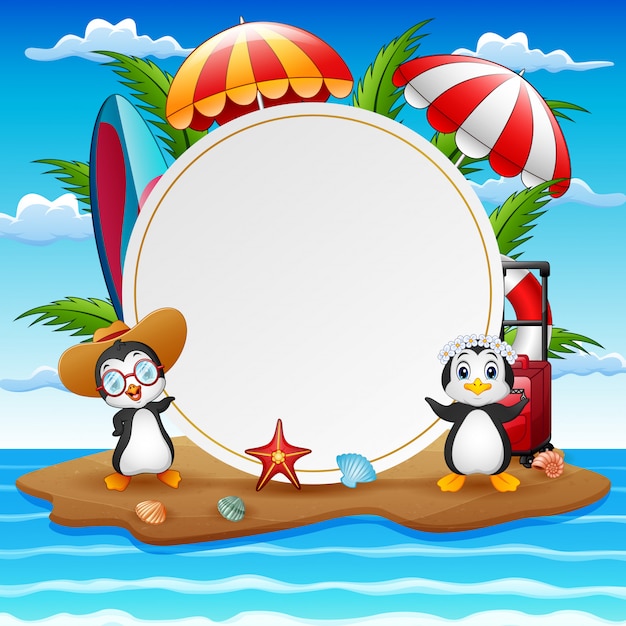 Summer vacation background with penguins on island