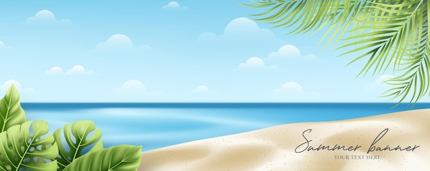 Summer and vacation banner concept on beautiful tropical beach and foliage background