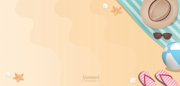 Summer vacation beach accessories on sand banner background