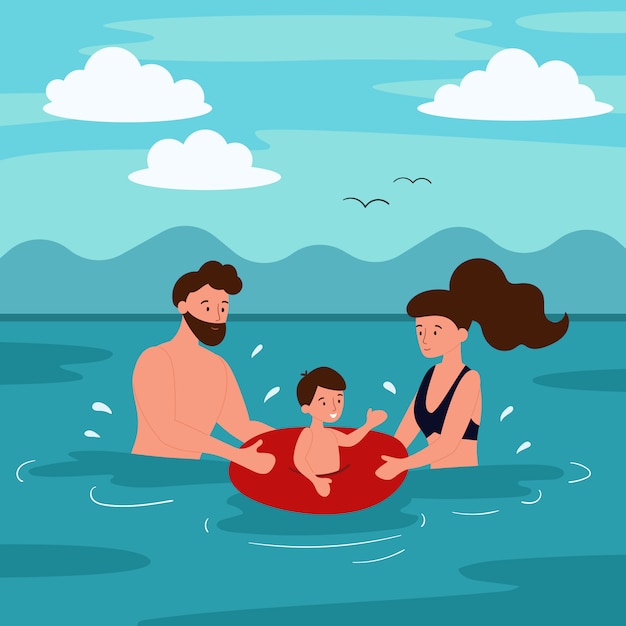 Summer vacation on the beach. the family is swimming in the sea. mom and father teach a child to swim. flat cartoon characters.